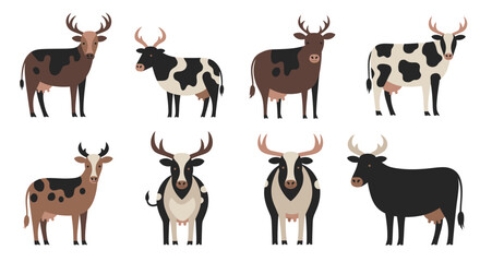 Obraz premium Cartoon cows with antlers illustration set various colors and poses isolated