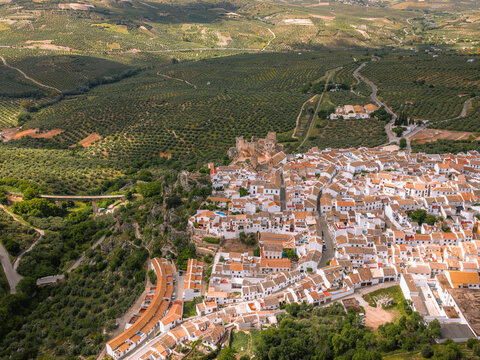 Aerial view of the white village of Zuheros with its historic castle ruins perched on a rocky cliff surrounded by vast olive groves under soft daylight Zuheros, Andalusia, Spain.