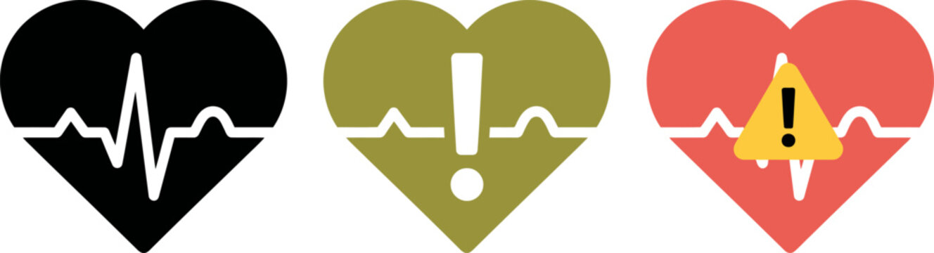 Heart health icons set normal warning and critical cardiac rhythm indicators