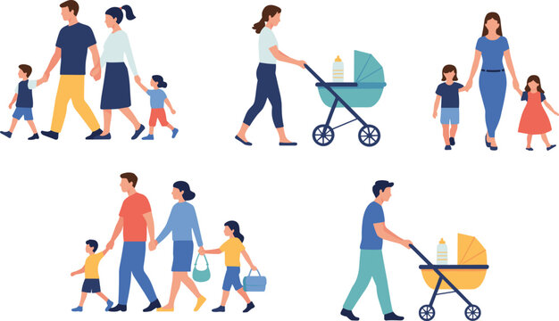 Flat family lifestyle illustration collection featuring parents, children and baby strollers walking together in modern everyday outdoor activities