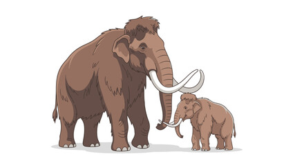 Fototapeta premium Illustrated depiction of two woolly mammoths adult and young against white backdrop