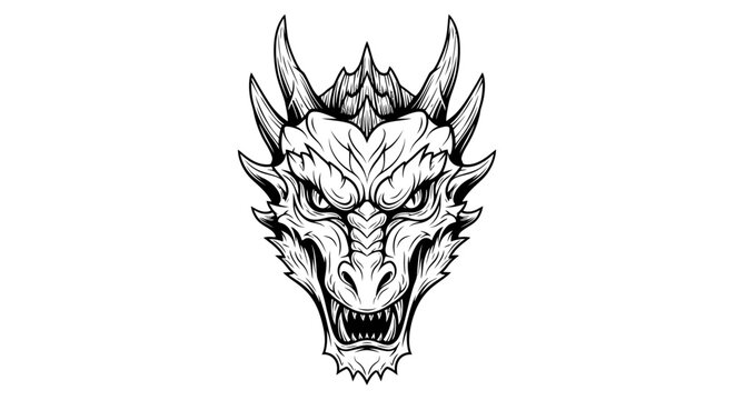 Intense dragon head illustration in black and white against a white background
