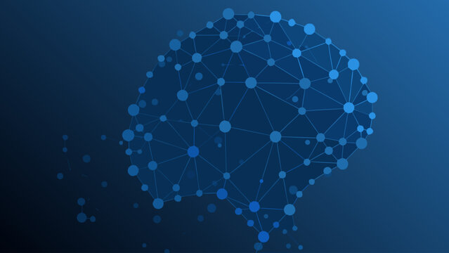 Artificial intelligence network map with connected nodes and lines on blue background representing machine learning and data visualization