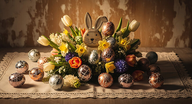 Easter bunny surrounded by colorful eggs and flowers on a table.