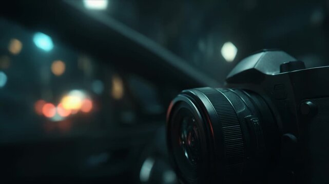 Digital camera capturing evening urban street traffic with blurred bokeh lights and dynamic motion, highlighting modern photography, optics, and nighttime city energy