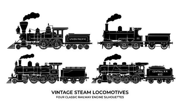 Vintage Steam Locomotive Silhouettes Vector Collection with Classic Train Designs