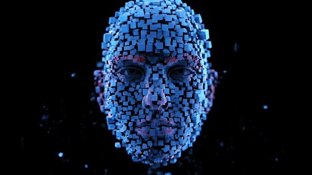 Digital human face dissolving into blue particles and cubes on a dark black backdrop