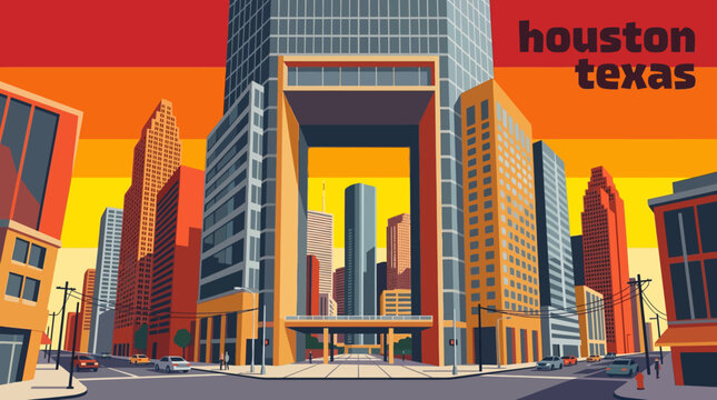 houston texas business city skyline architecture urban downtown travel tourism landmark modern landscape vector illustration