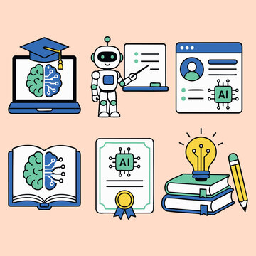 Education materials set with artificial intelligence brain icons computer coding software book and creative smart solution ideas for high tech educational concept