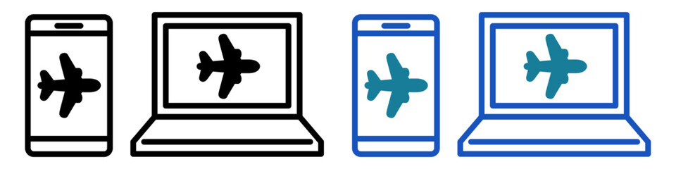 スマホとパソコンで航空券を検索・予約するマルチデバイス対応アイコン（Flight Search and Booking Icon on Smartphone and Laptop）  © ochikosan
