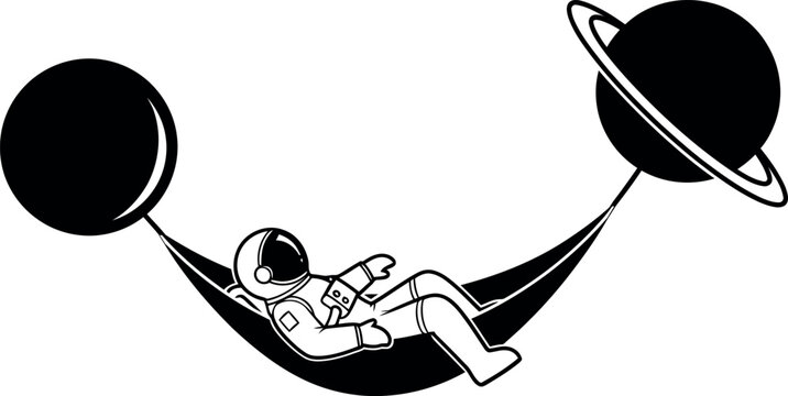 Black and white line art of a person lounging in a hammock suspended between two planets in outer space.