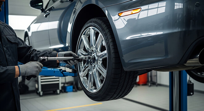 Mechanic tightening lug nuts on a car wheel while it's lifted in a garage for maintenance or repair