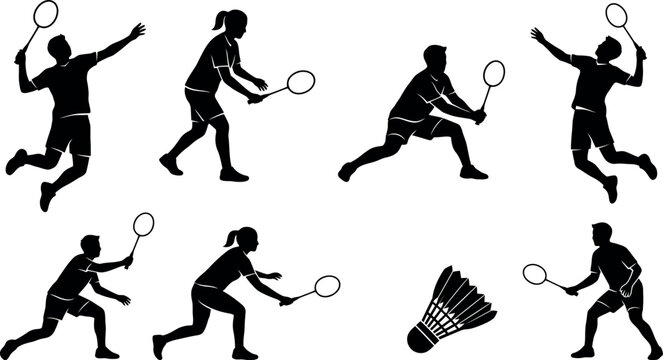 Black and white vector illustration of multiple players in action poses during a badminton game.