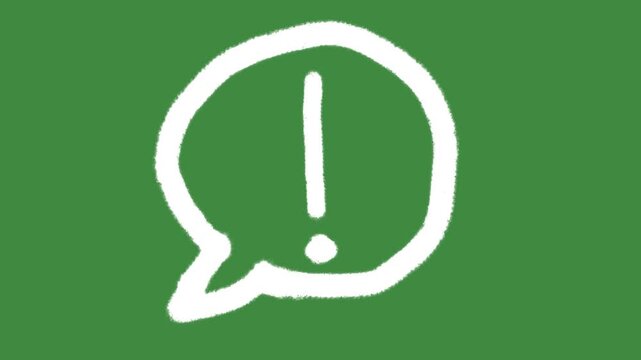 Chalk exclamation mark in speech bubble with hand-drawn textured important notification icon in green screen background for alert message element concept.