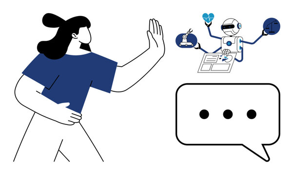 Artificial intelligence ethics, human-machine interaction, technology concerns, innovation, decision-making, societal impacts. Woman rejecting robot offering services. AI ethics and human-machine