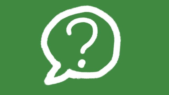 Chalk question mark in speech bubble with hand-drawn textured help and FAQ icon in green screen background for support center and frequently asked questions element concept.