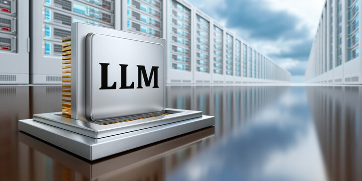 LLM chip on server floor reflecting in polished surface, modern data center atmosphere
