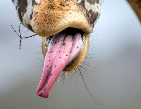 Closeup Spotted Giraffe Sticking Out Long Tongue Against Soft Gray Background