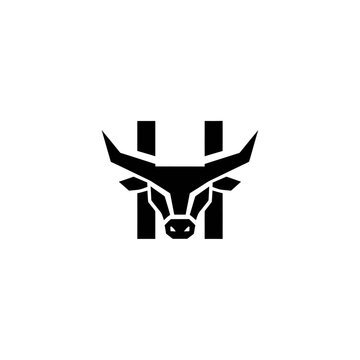 A black and white icon featuring a stylized bull's head with prominent horns, integrated with vertical parallel lines resembling a pillar or tombstone design