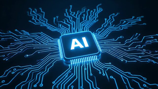 AI processor chip with glowing blue circuit lines on a dark digital background theme
