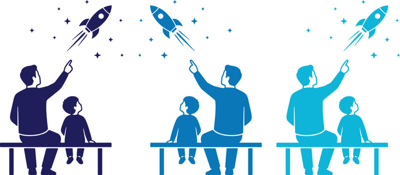 親子で宇宙の夢を見る、未来志向のロケットと星空のイラストレーション。父親と子供がベンチに座り、夜空を指差す希望に満ちたベクターアート。