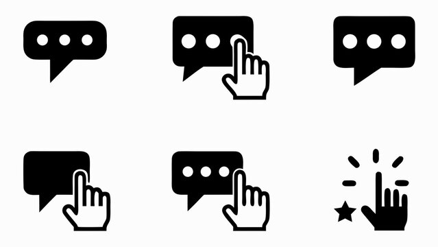 Flat illustration of human hand typing prompt into chat speech bubbles with cursor click and star rating icons on white background