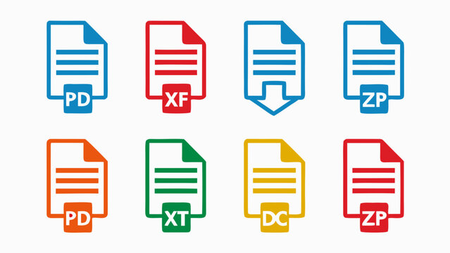 Collection of colorful document file icons in flat vector style for business and technology use