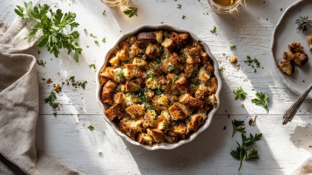 Delicious homemade bread stuffing baked in white ceramic dish fresh parsley garnish. Rustic, golden-brown bread stuffing, traditional comfort food is presented in fluted baking dish ready to be served