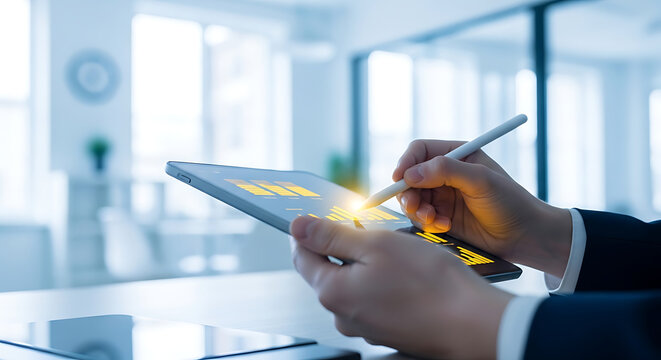 Person's hands using a stylus to interact with a digital tablet displaying financial charts and graphs in a modern office setting