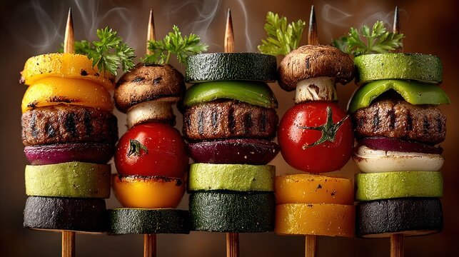 Many skewers of different types of food on sticks food background