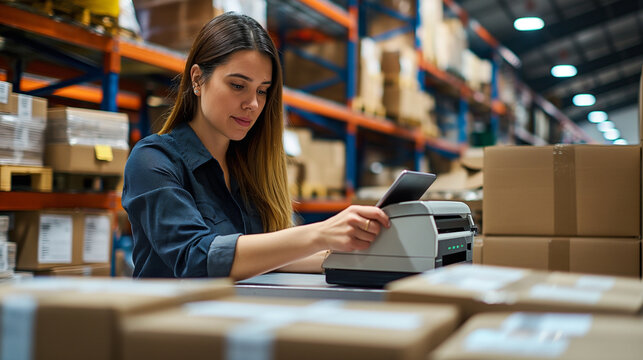 Young adult female logistics worker using a tablet to manage inventory and orders at a packing station in a warehouse surrounded by cardboard boxes. Concept of ecommerce fulfillment, shipping