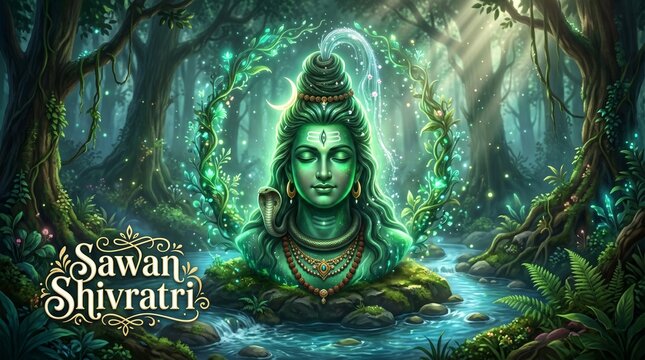 Sawan Shivratri Greeting Banner with Glowing Lord Shiva Idol in Mystical Jungle River