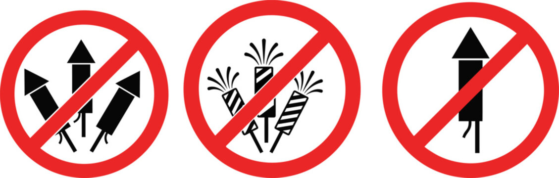 Prohibition signs featuring fireworks illustrations in red circles with diagonal lines