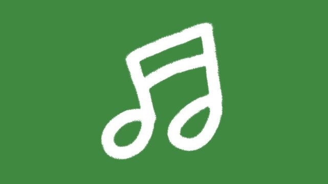 Chalk music note isolated on green screen background with hand-drawn textured eighth notes graphic for audio entertainment and musical creativity element concept.