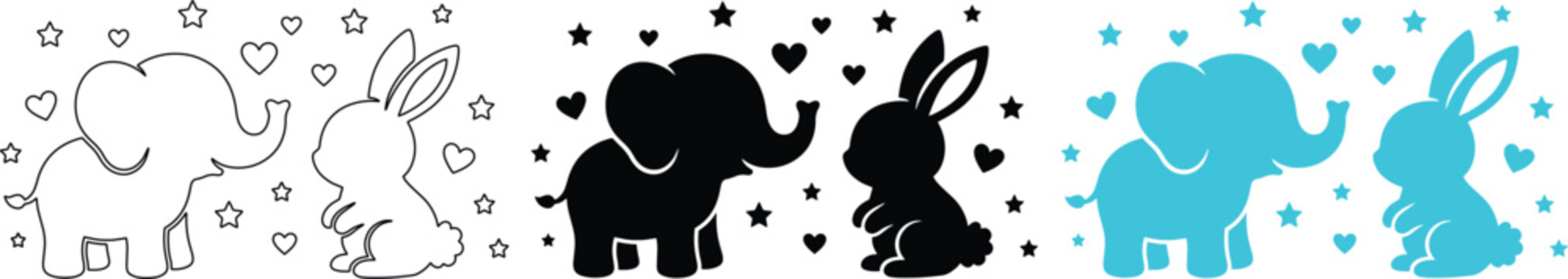 かわいい動物のシルエットと線画コレクション、ゾウとウサギのペア、ハートと星の背景、ベビーシャワーや子供向けデザインに最適なベクターイラストセット