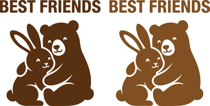 仲良しなクマとウサギのベクターイラスト、友情と絆を象徴する可愛い動物の抱擁、子供向けデザインやグリーティングカードに最適なブラウンカラーのキャラクターセット