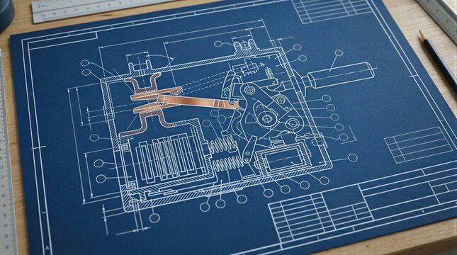 Technical blueprint of mechanical machine on blue paper. Engineering drawing of industrial device for manufacturing. Concept of industrial development, factory project, and mechanical design.