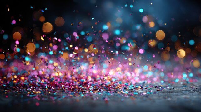 Festive Colorful Confetti Falling with Bokeh Lights on Dark Background