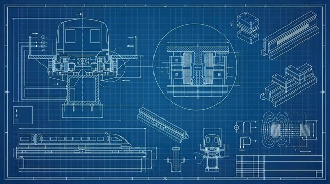 Engineering blueprint of maglev train and guideway system. Technical drawing with magnetic levitation rail details. Industrial project planning for high speed transportation technology.