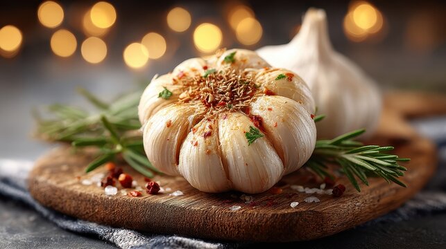 Roasted Garlic Cloves with Herbs and Spices on Rustic Wooden Board