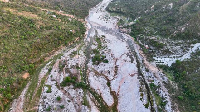 Aerial of dry riverbed in India illustrating drought and climate change. Water scarcity in India South Asia: