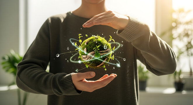 Hands holding a miniature glowing green planet Earth with orbiting atoms and water droplets, symbolizing environmental protection and sustainability