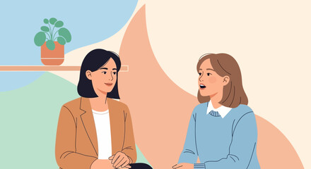 Fototapeta premium Two women talking in a cozy room, discussing ideas and sharing thoughts