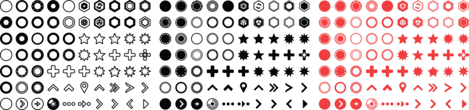 ミニマルな幾何学図形アイコンセット、黒と赤のシンプルな円、星、十字、矢印、四角形、ビジネスやテクノロジーのUI/UXデザインに最適なベクター素材