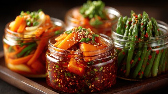 Assortment of Pickled Vegetables in Glass Jars on Wooden Tray