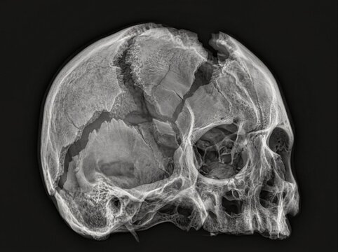 X-ray of a human skull showing severe trauma and fractures.