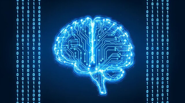 Artificial intelligence digital brain with binary code on dark blue tech backgrounds.