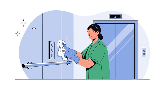 Woman cleaning elevator buttons and handrail with disinfectant wipe for hygiene