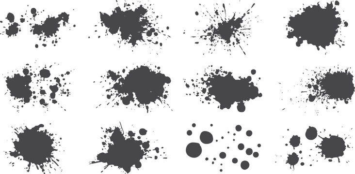 Set of messy black ink paint splatters