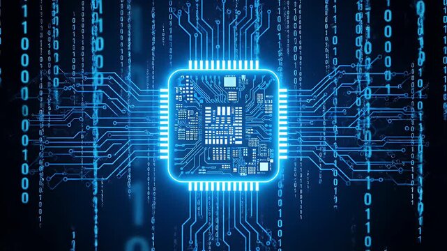 digital cpu microchip with falling binary code and glowing blue circuit backgrounds.